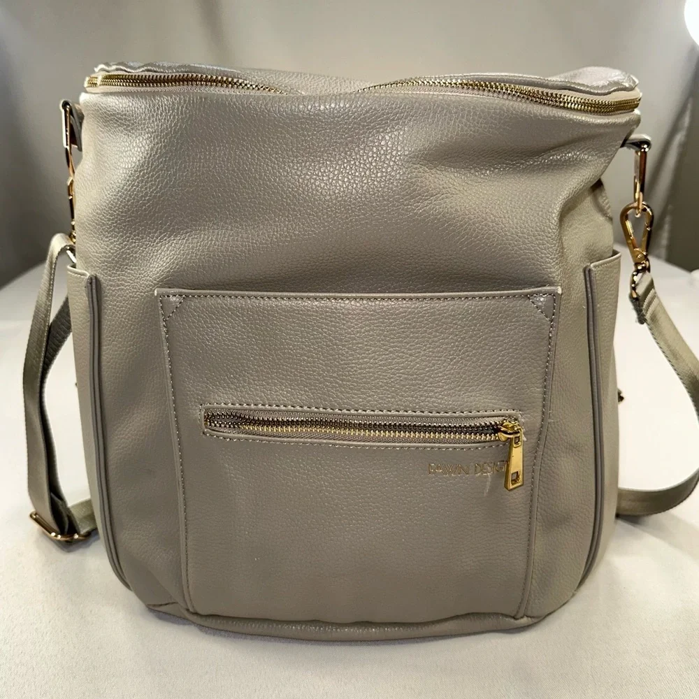 Fawn Design Grey Pebbled Faux Leather Convertible Diaper Bag Backpack Gold Tone
